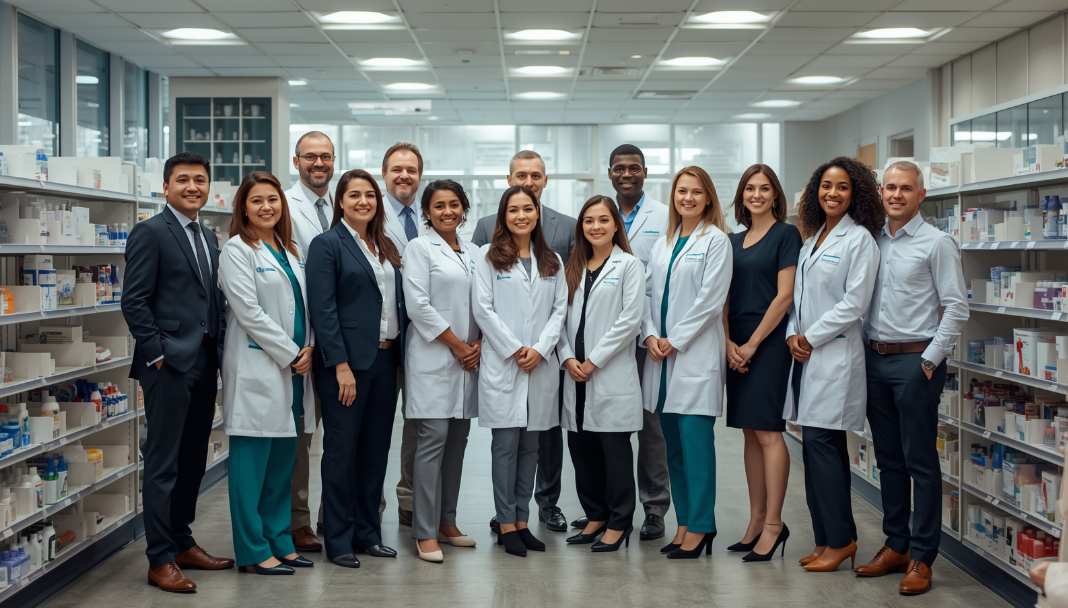 Equipo de droguistas y farmacéuticos colombianos en una droguería moderna