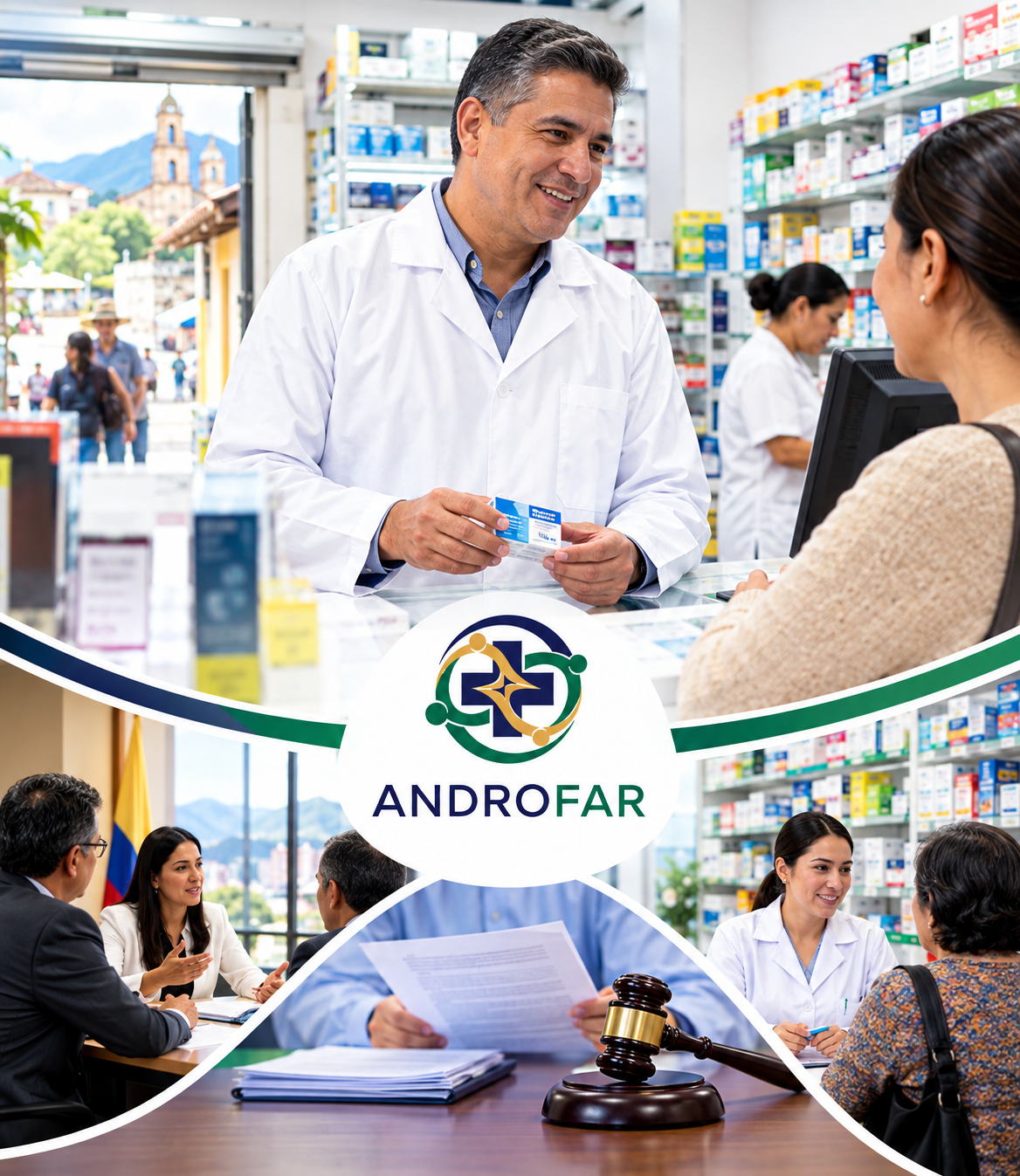 Droguista colombiano atendiendo a una clienta — servicios de ANDROFAR: acompañamiento, orientación jurídica y representación gremial